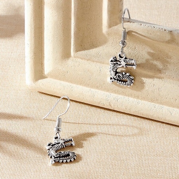 Any 2/$20! Antiqued Silver Dragon Drop Earrings - Picture 3 of 5